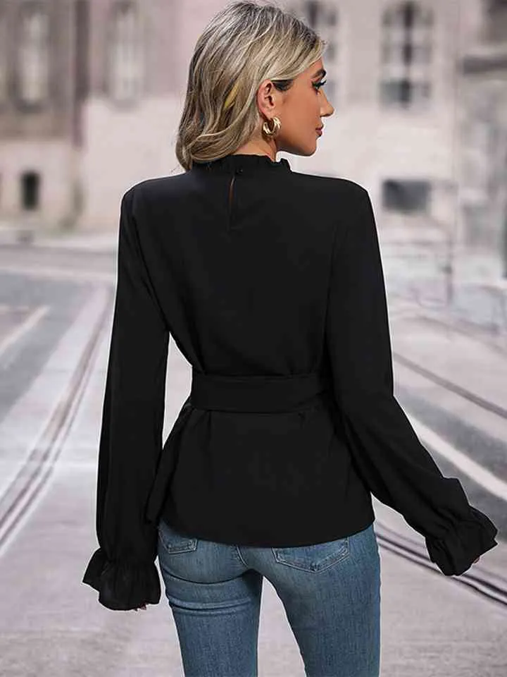 Lalley Round Neck Tie Waist Long Sleeve Blouse