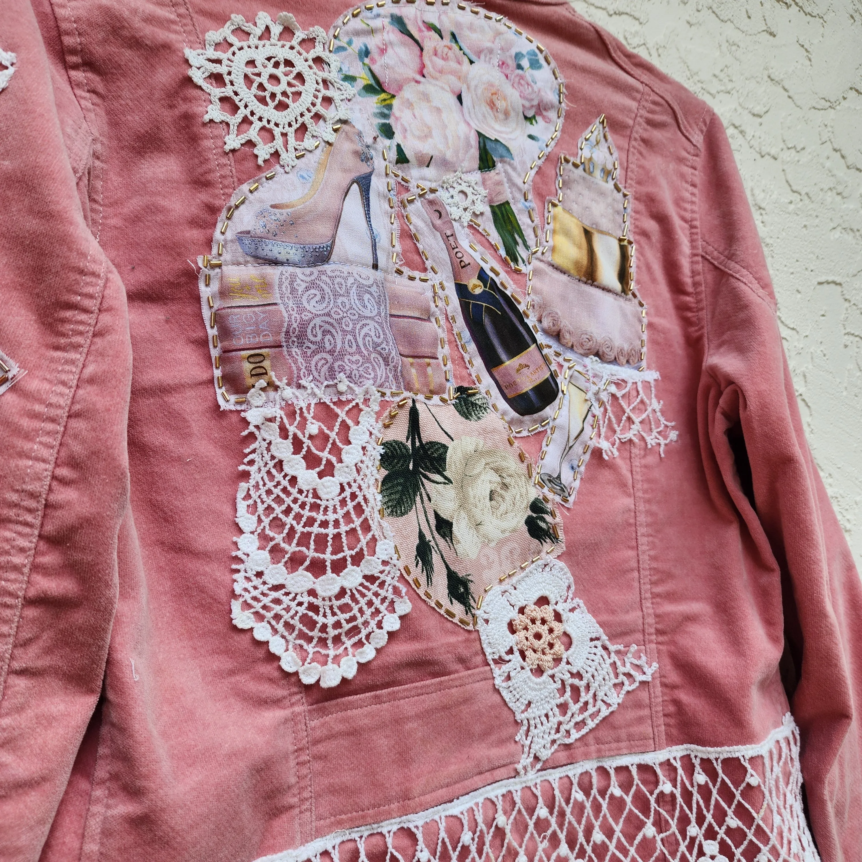 Le Coeur Champaign /  Designer Cotton Lace Patchwork Distressed Velvet Jacket Boho Style  Boro Visvim Sustainable Concept Store