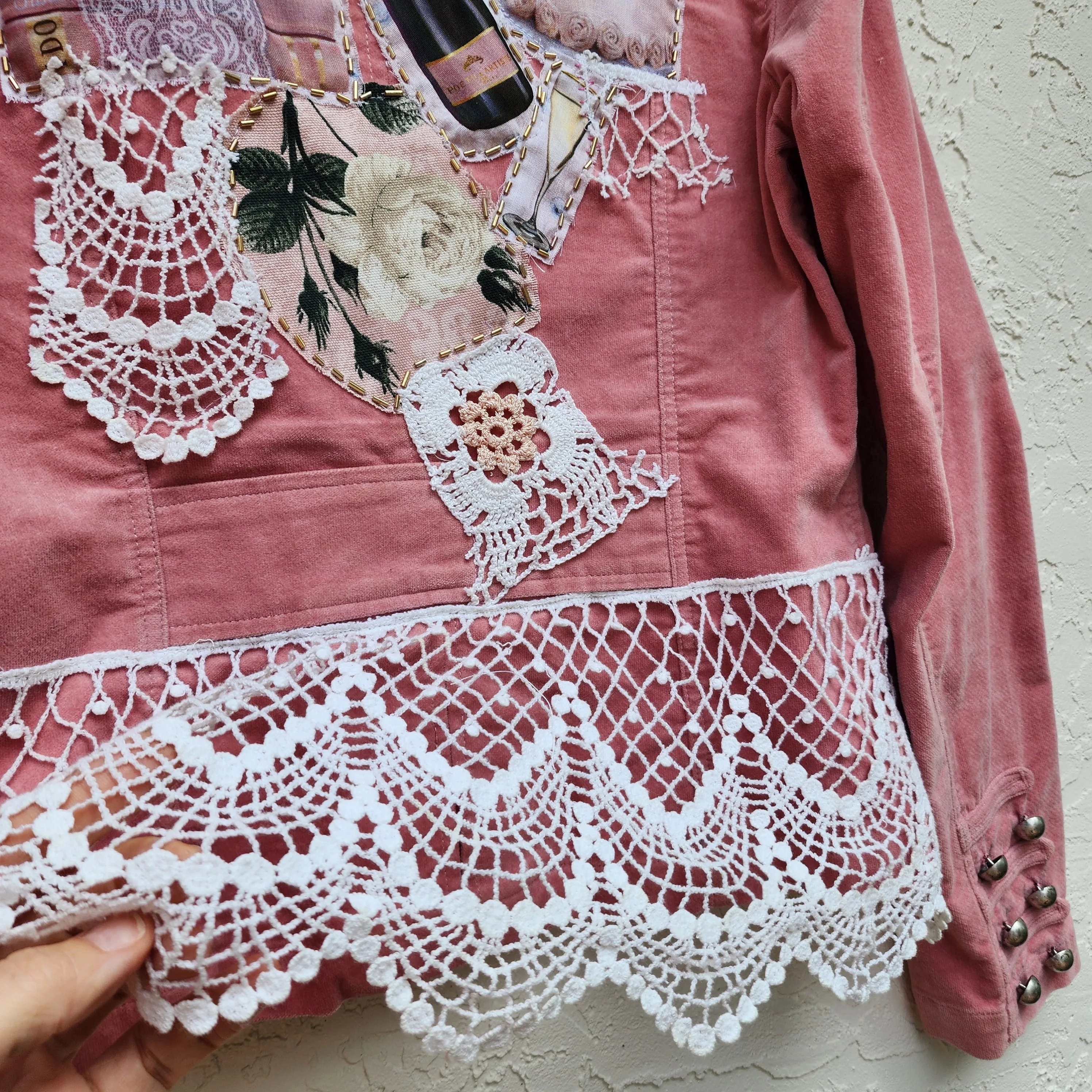 Le Coeur Champaign /  Designer Cotton Lace Patchwork Distressed Velvet Jacket Boho Style  Boro Visvim Sustainable Concept Store