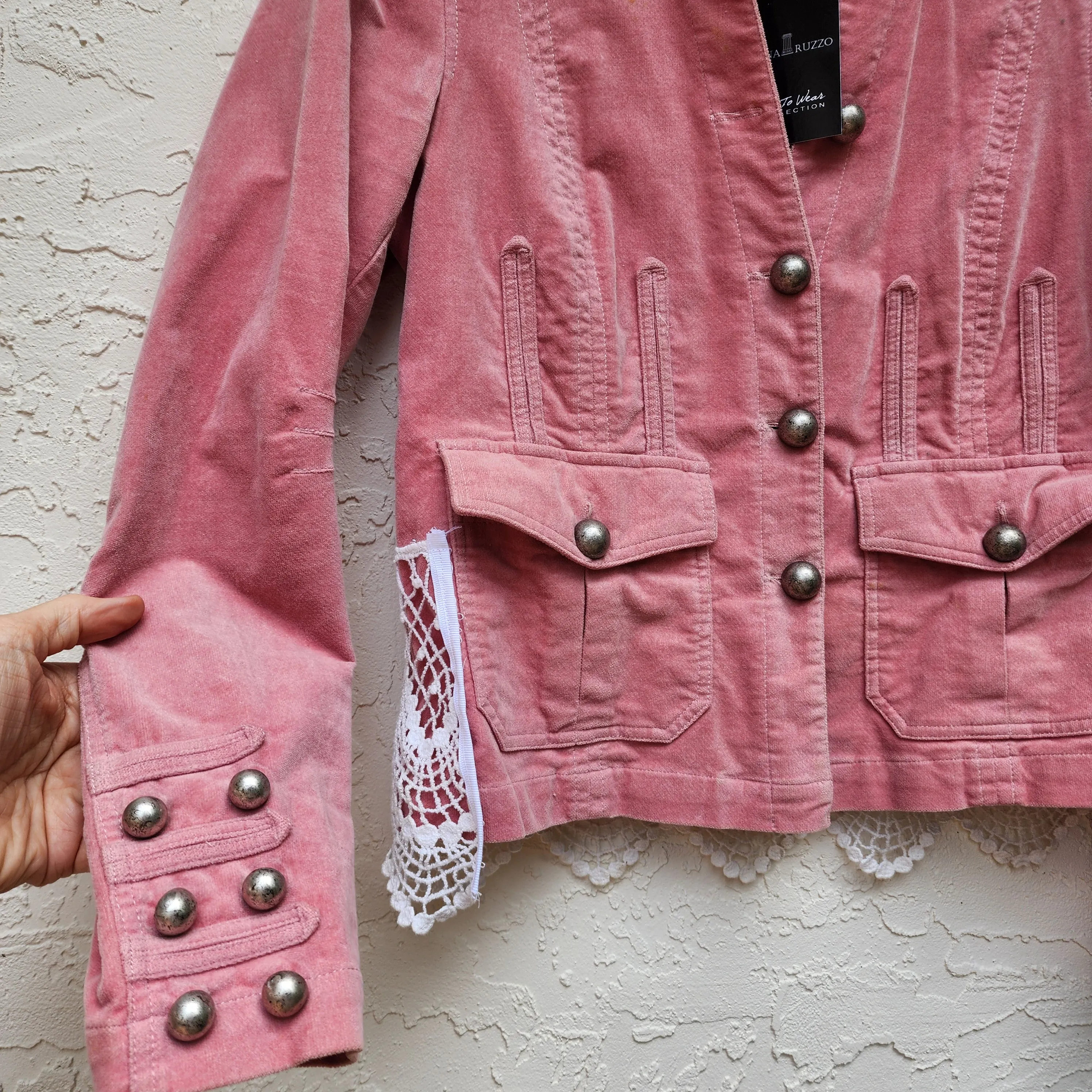 Le Coeur Champaign /  Designer Cotton Lace Patchwork Distressed Velvet Jacket Boho Style  Boro Visvim Sustainable Concept Store