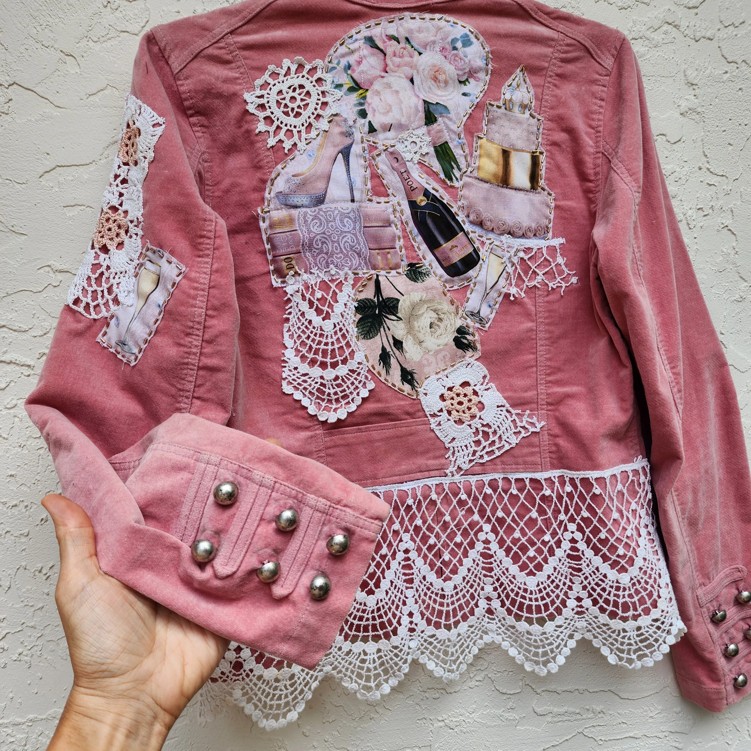 Le Coeur Champaign /  Designer Cotton Lace Patchwork Distressed Velvet Jacket Boho Style  Boro Visvim Sustainable Concept Store
