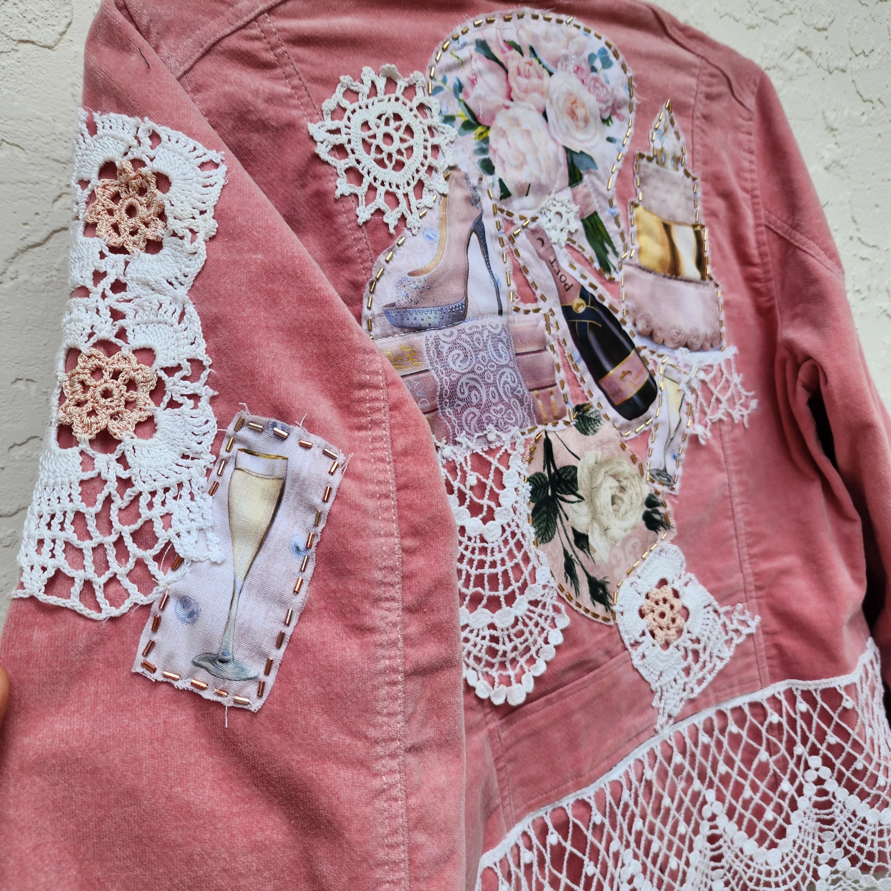 Le Coeur Champaign /  Designer Cotton Lace Patchwork Distressed Velvet Jacket Boho Style  Boro Visvim Sustainable Concept Store
