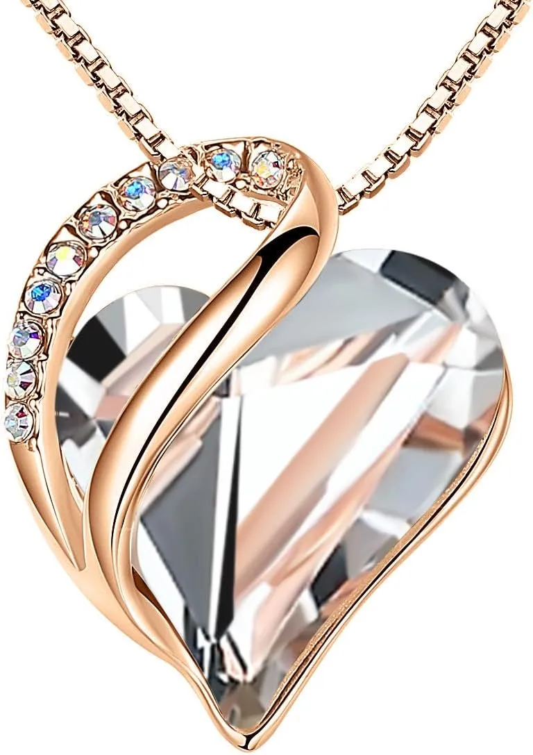 Leafael Rose Gold Plated Necklace for Women: Heart Shaped Birthstone/Healing Crystals Center, Dazzling Cubic Zirconia, Hypoallergenic Chain (18" 2"), Jewelry Gifts for Anniversaries and Birthdays