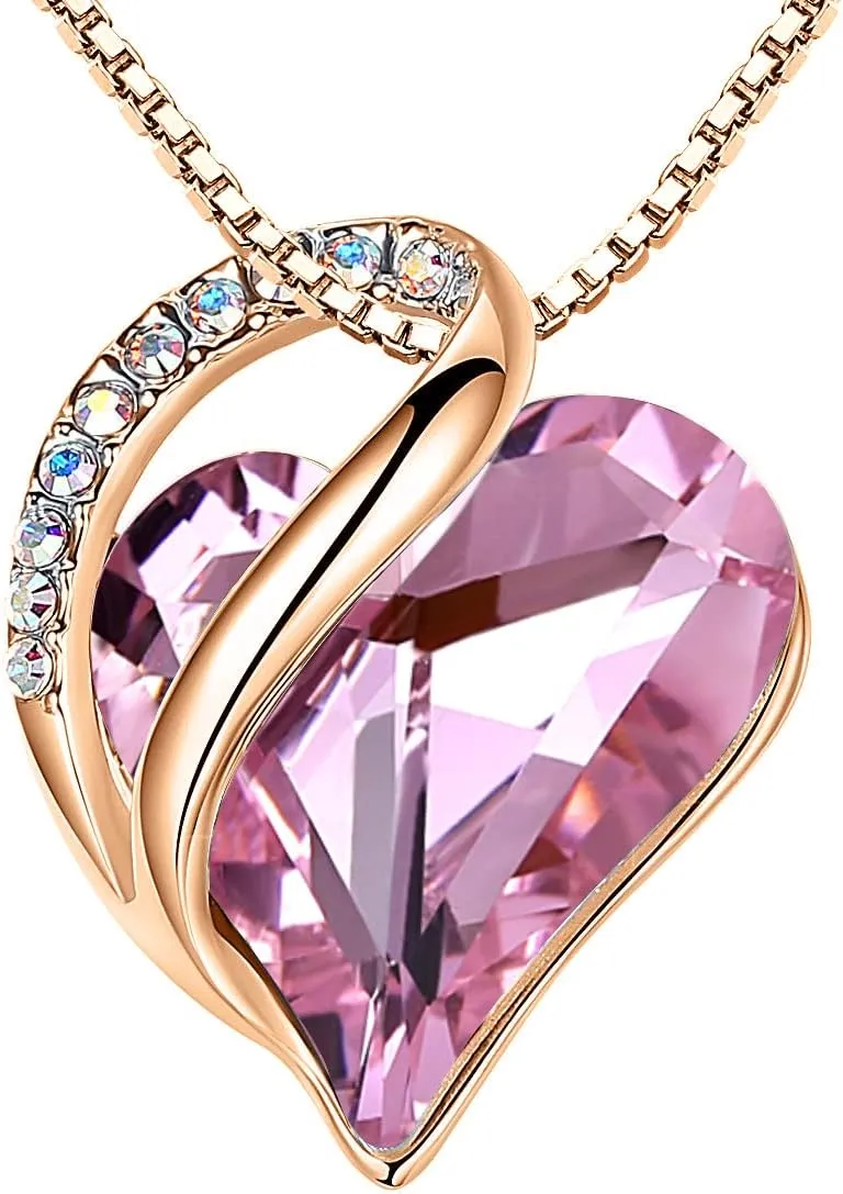 Leafael Rose Gold Plated Necklace for Women: Heart Shaped Birthstone/Healing Crystals Center, Dazzling Cubic Zirconia, Hypoallergenic Chain (18" 2"), Jewelry Gifts for Anniversaries and Birthdays