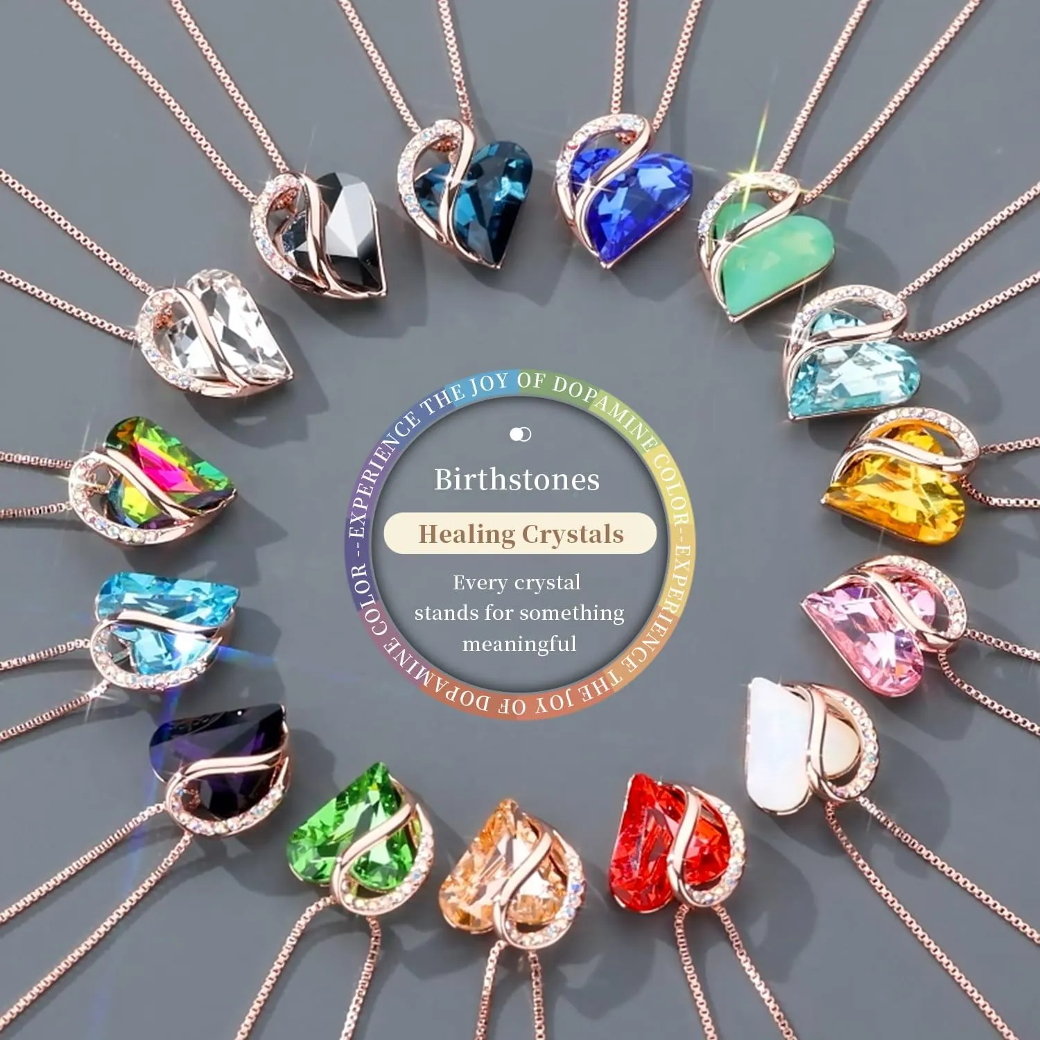 Leafael Rose Gold Plated Necklace for Women: Heart Shaped Birthstone/Healing Crystals Center, Dazzling Cubic Zirconia, Hypoallergenic Chain (18" 2"), Jewelry Gifts for Anniversaries and Birthdays