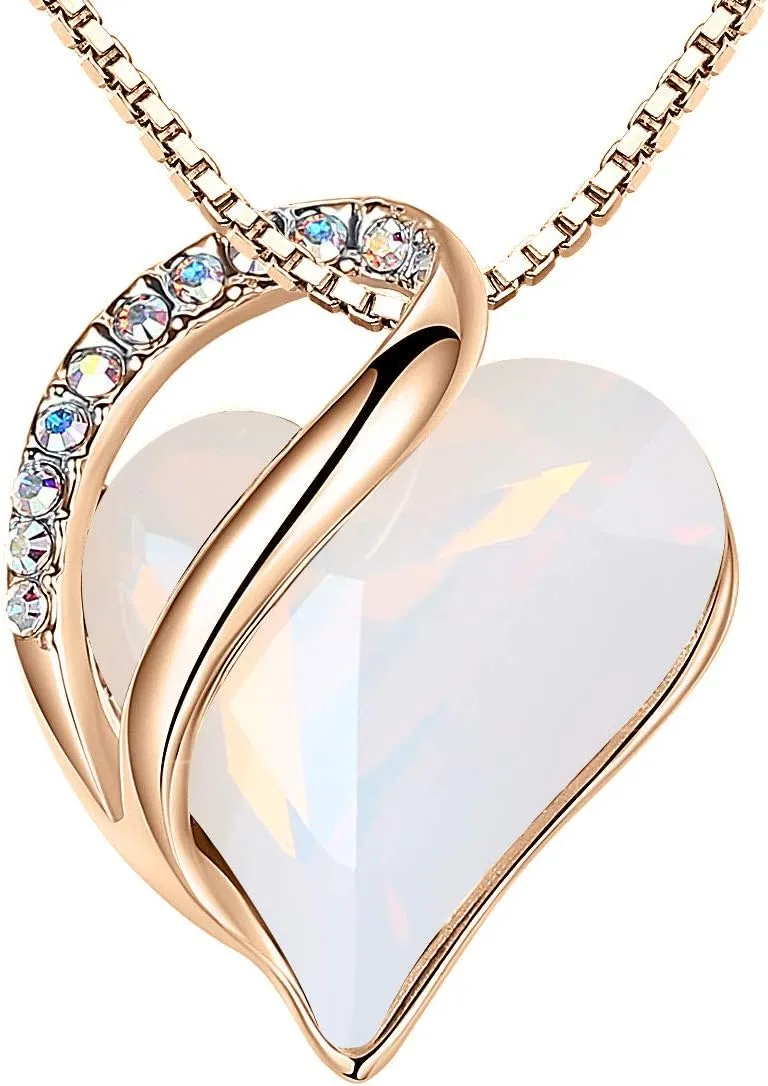 Leafael Rose Gold Plated Necklace for Women: Heart Shaped Birthstone/Healing Crystals Center, Dazzling Cubic Zirconia, Hypoallergenic Chain (18" 2"), Jewelry Gifts for Anniversaries and Birthdays