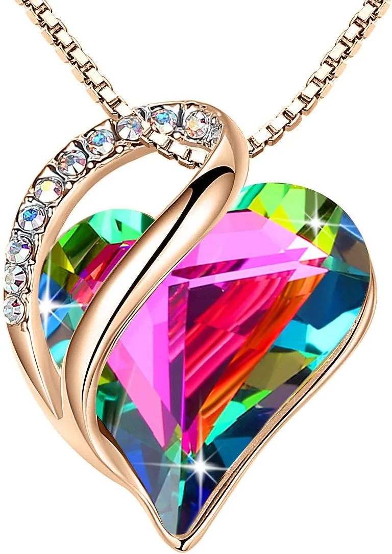 Leafael Rose Gold Plated Necklace for Women: Heart Shaped Birthstone/Healing Crystals Center, Dazzling Cubic Zirconia, Hypoallergenic Chain (18" 2"), Jewelry Gifts for Anniversaries and Birthdays