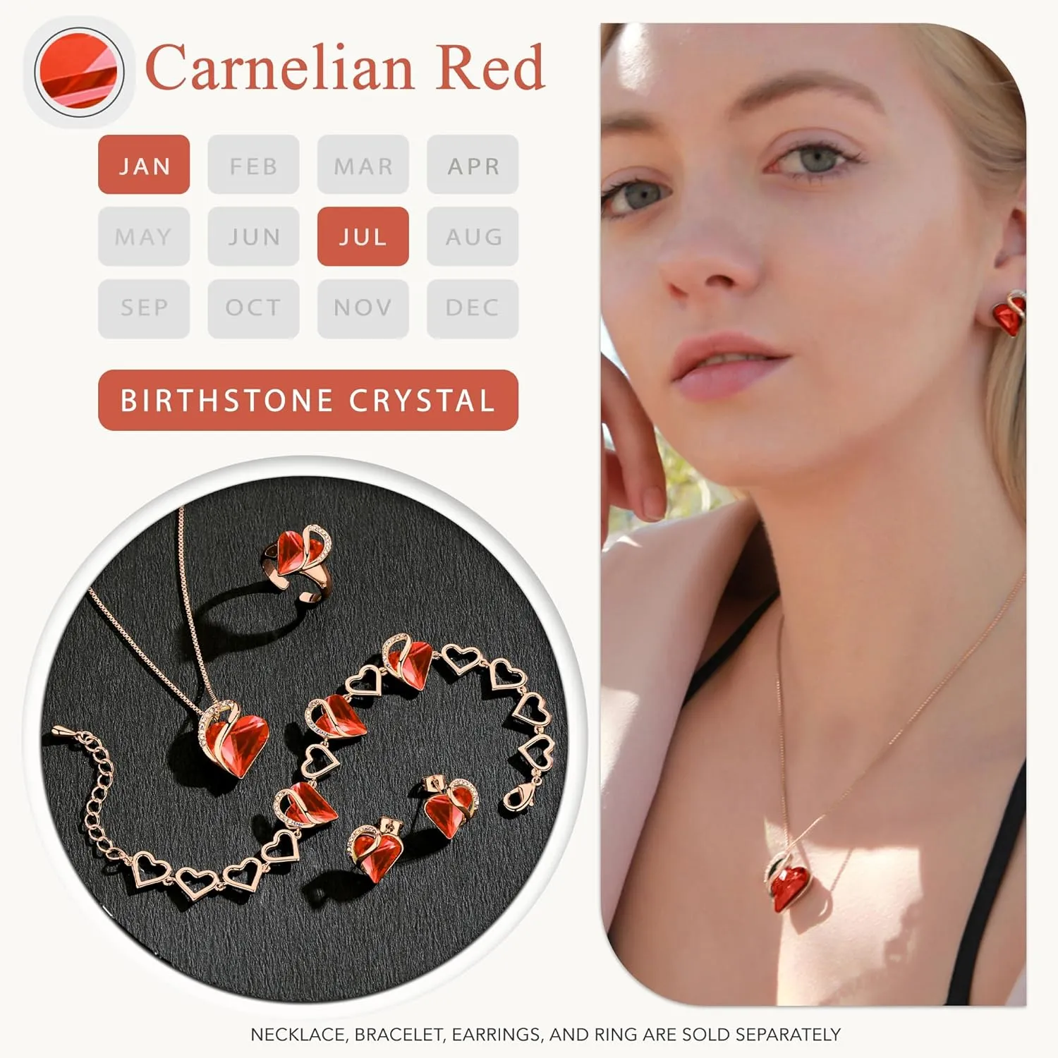 Leafael Rose Gold Plated Necklace for Women: Heart Shaped Birthstone/Healing Crystals Center, Dazzling Cubic Zirconia, Hypoallergenic Chain (18" 2"), Jewelry Gifts for Anniversaries and Birthdays