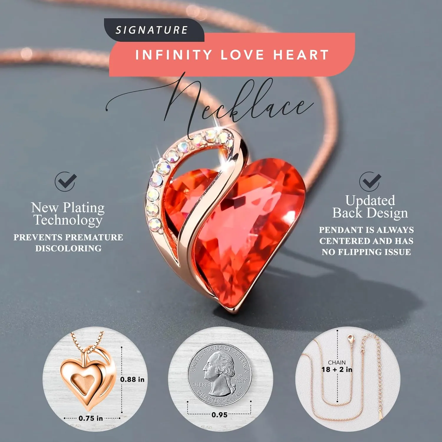 Leafael Rose Gold Plated Necklace for Women: Heart Shaped Birthstone/Healing Crystals Center, Dazzling Cubic Zirconia, Hypoallergenic Chain (18" 2"), Jewelry Gifts for Anniversaries and Birthdays