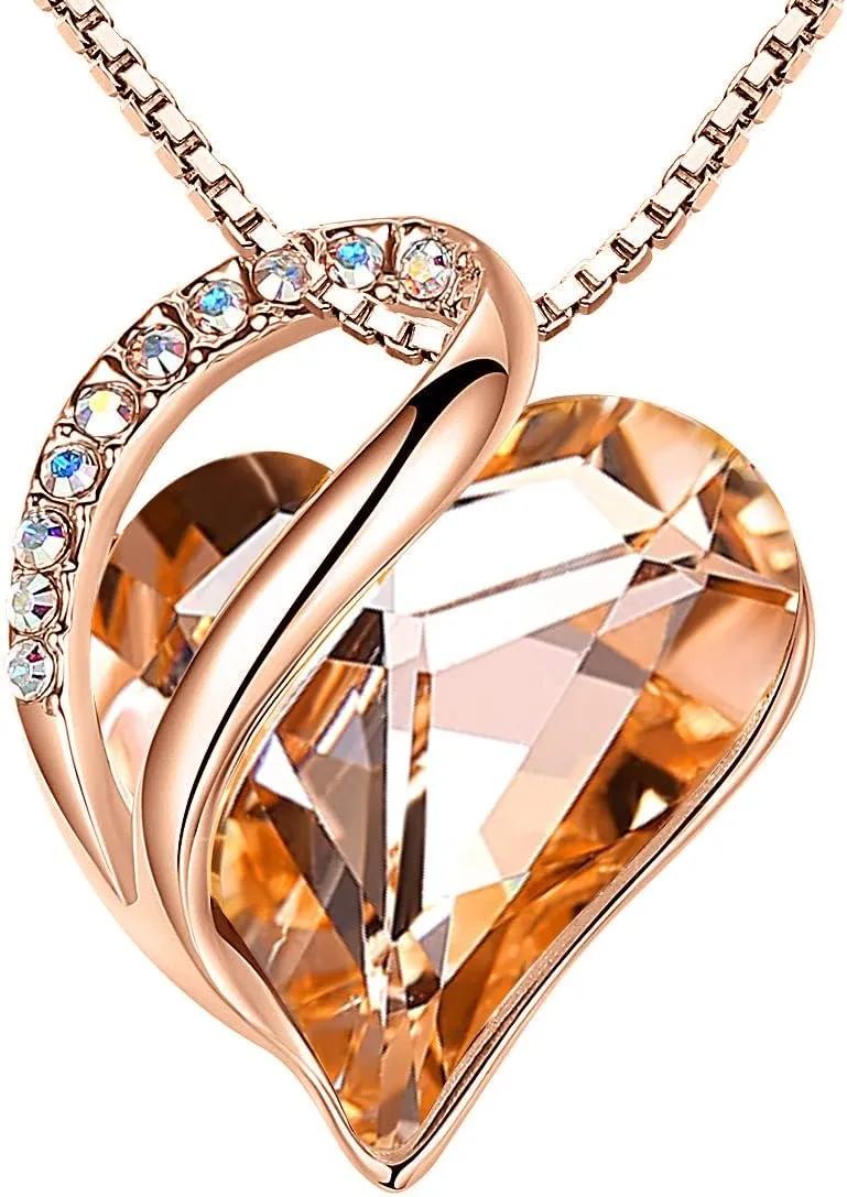Leafael Rose Gold Plated Necklace for Women: Heart Shaped Birthstone/Healing Crystals Center, Dazzling Cubic Zirconia, Hypoallergenic Chain (18" 2"), Jewelry Gifts for Anniversaries and Birthdays