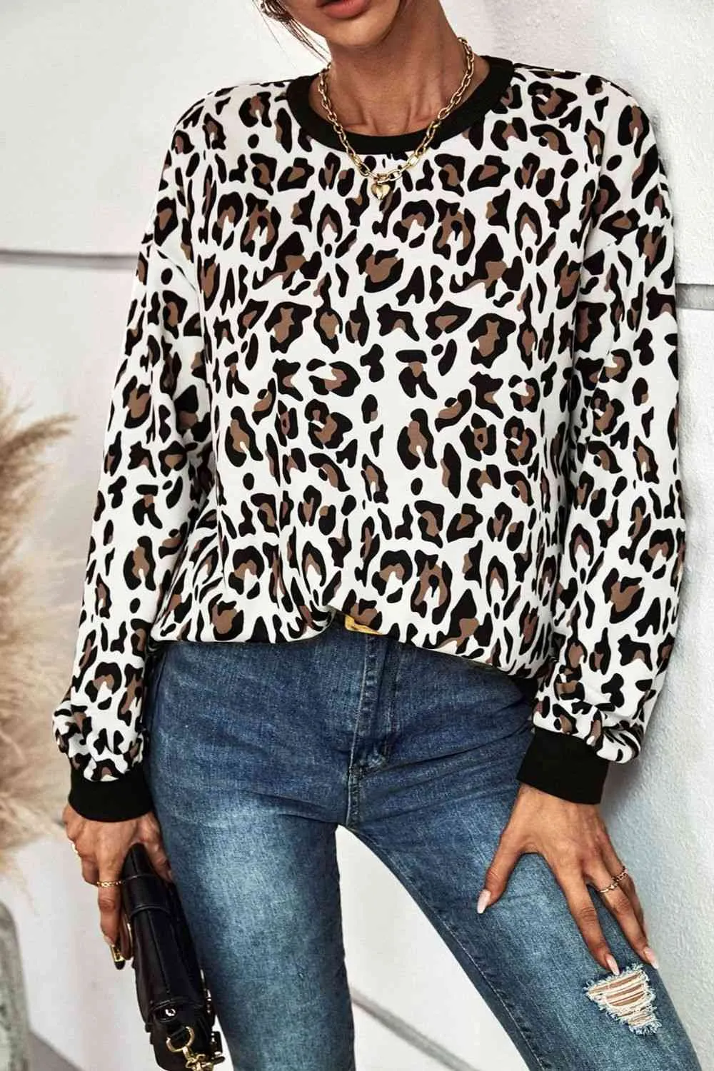 Leopard Print Round Neck Dropped Shoulder Sweatshirt (2 Colors)