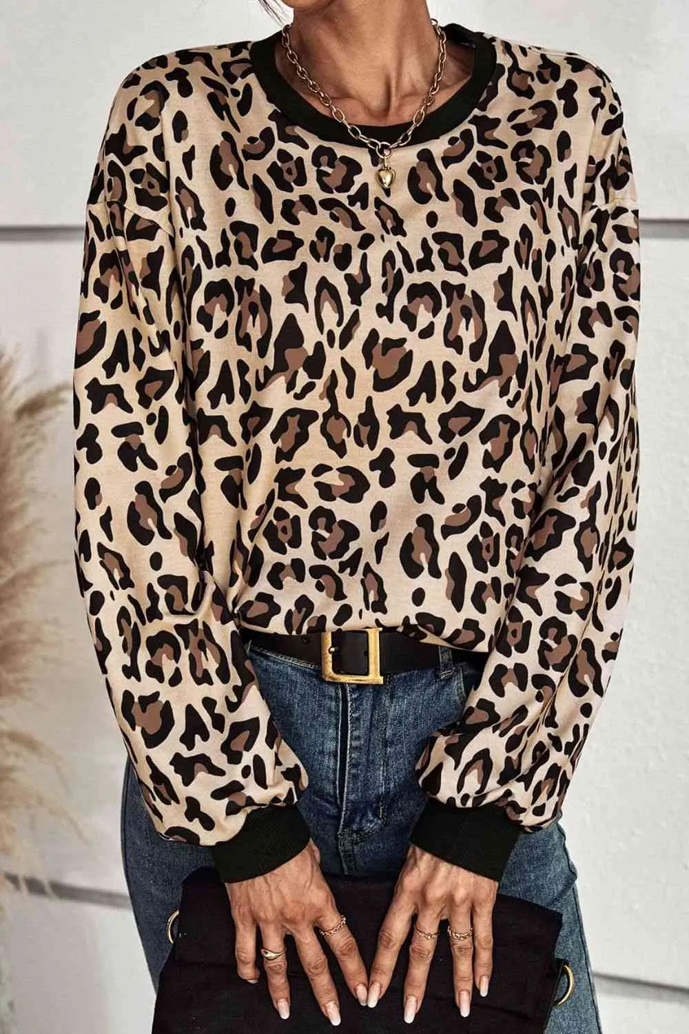 Leopard Print Round Neck Dropped Shoulder Sweatshirt (2 Colors)