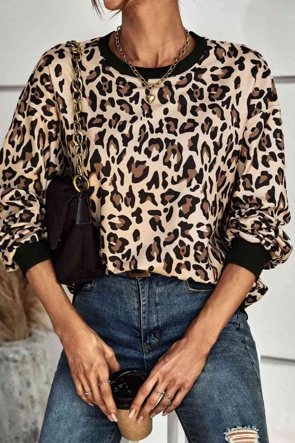 Leopard Print Round Neck Dropped Shoulder Sweatshirt (2 Colors)