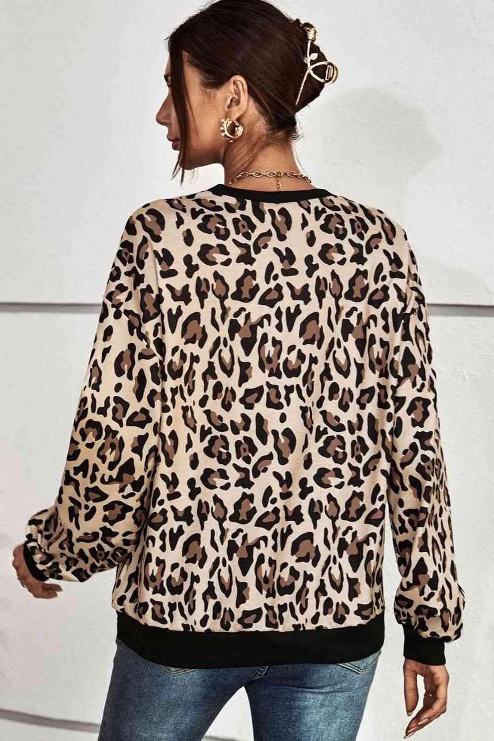 Leopard Print Round Neck Dropped Shoulder Sweatshirt (2 Colors)