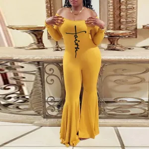 Letter Print Long Sleeve Off Shoulder Bell Bottomed Jumpsuit