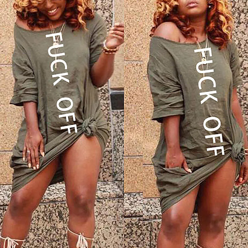 Letter Print One Shoulder Short Sleeve Loose Dress