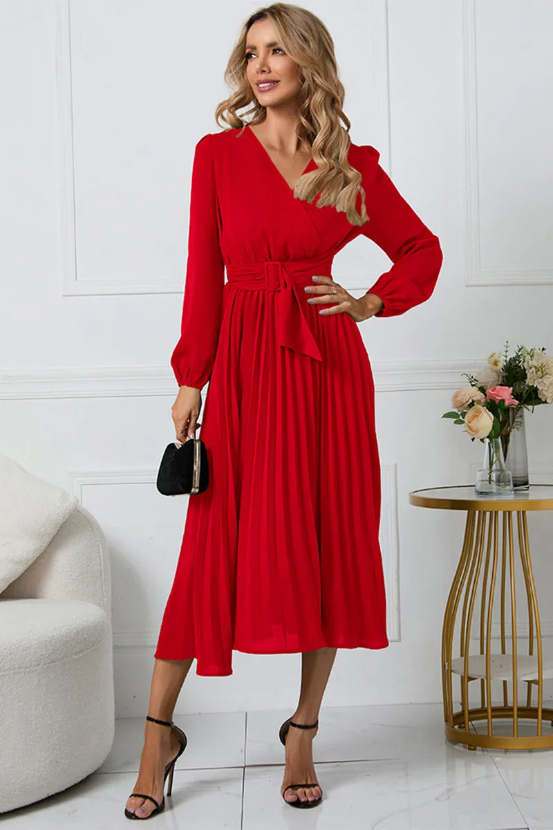 Lila V-Neck Long Sleeve Tie Waist Midi Dress