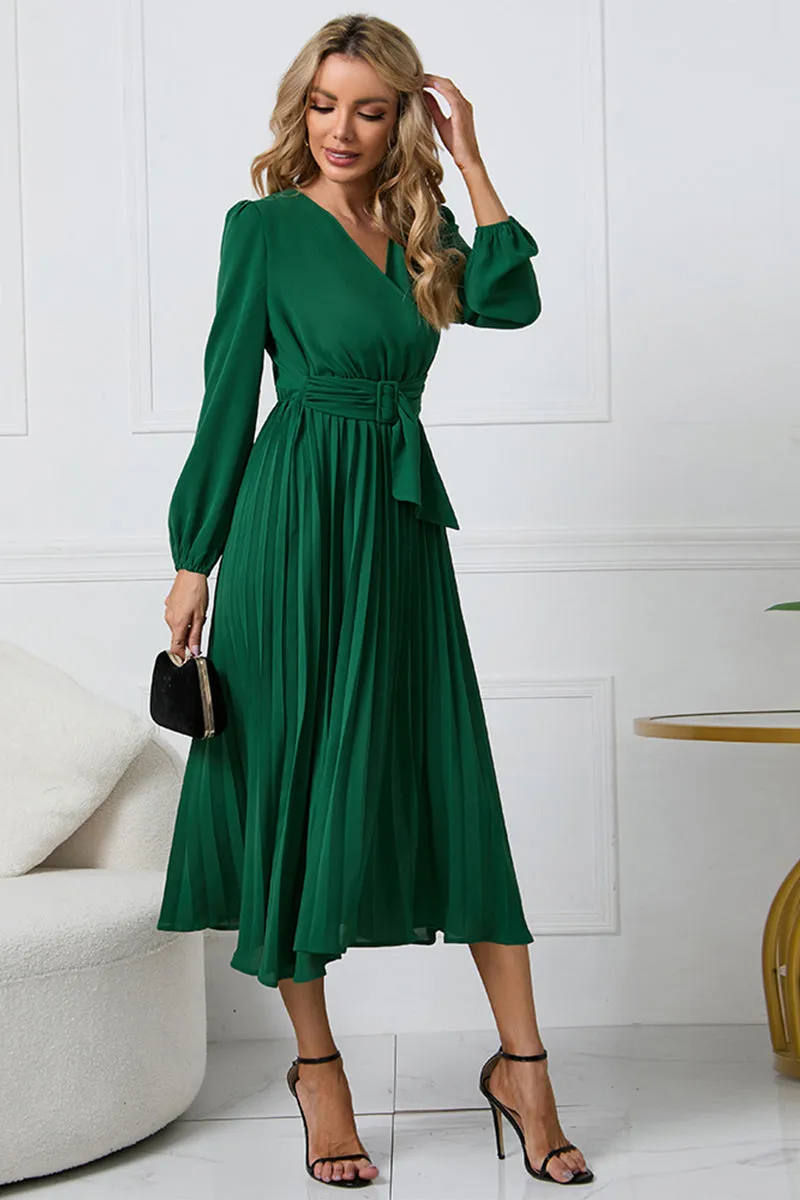 Lila V-Neck Long Sleeve Tie Waist Midi Dress