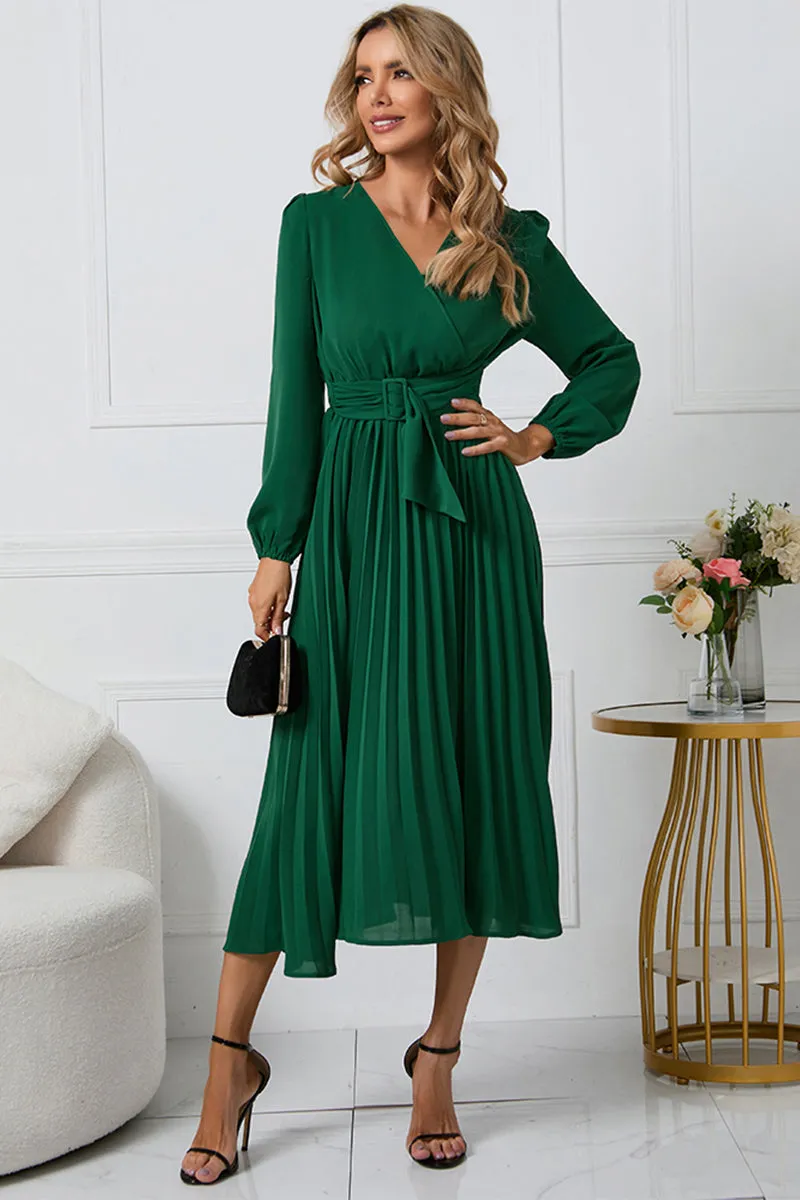 Lila V-Neck Long Sleeve Tie Waist Midi Dress