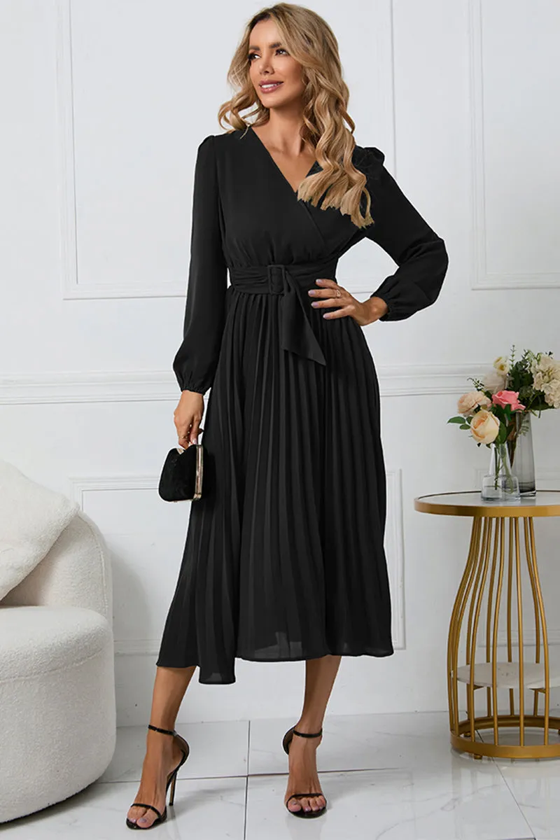 Lila V-Neck Long Sleeve Tie Waist Midi Dress