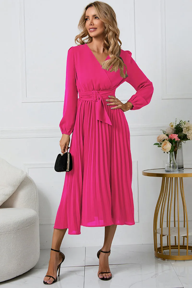 Lila V-Neck Long Sleeve Tie Waist Midi Dress