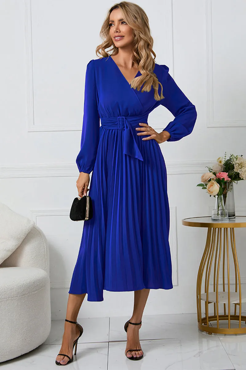 Lila V-Neck Long Sleeve Tie Waist Midi Dress