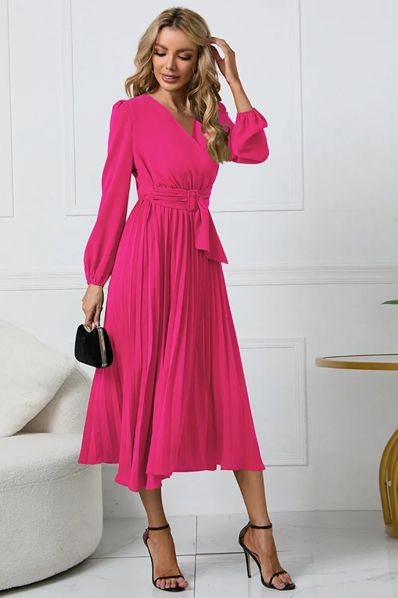 Lila V-Neck Long Sleeve Tie Waist Midi Dress