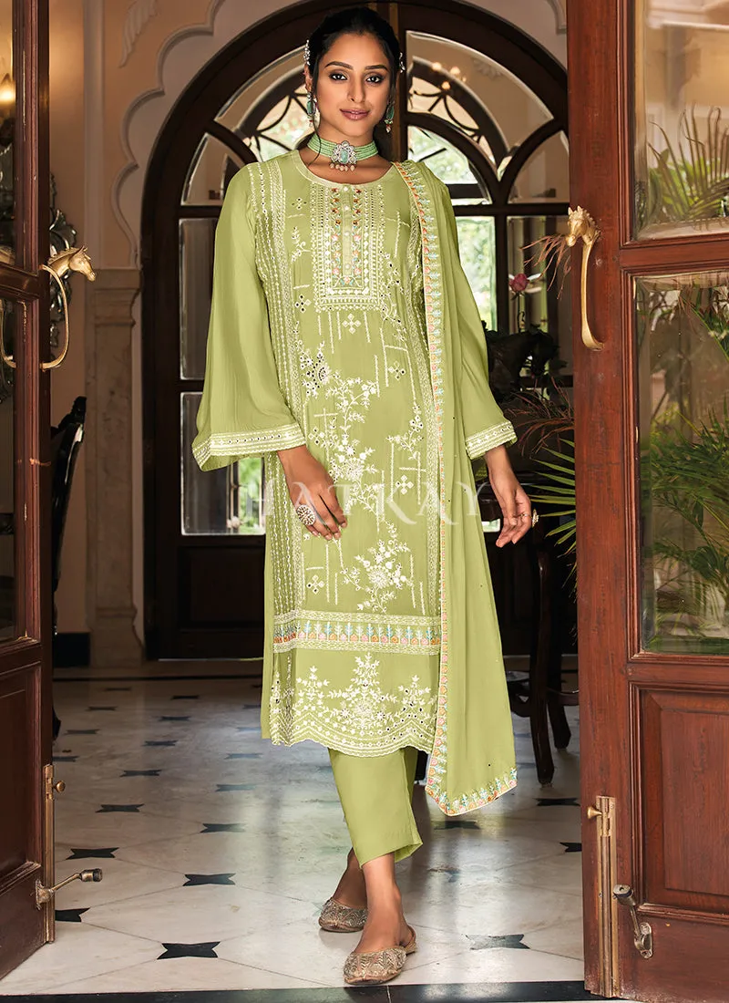 Lime Green Multi Embroidered Traditional Pant Style Salwar Suit