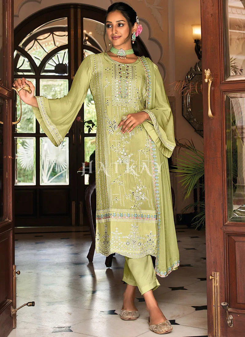 Lime Green Multi Embroidered Traditional Pant Style Salwar Suit