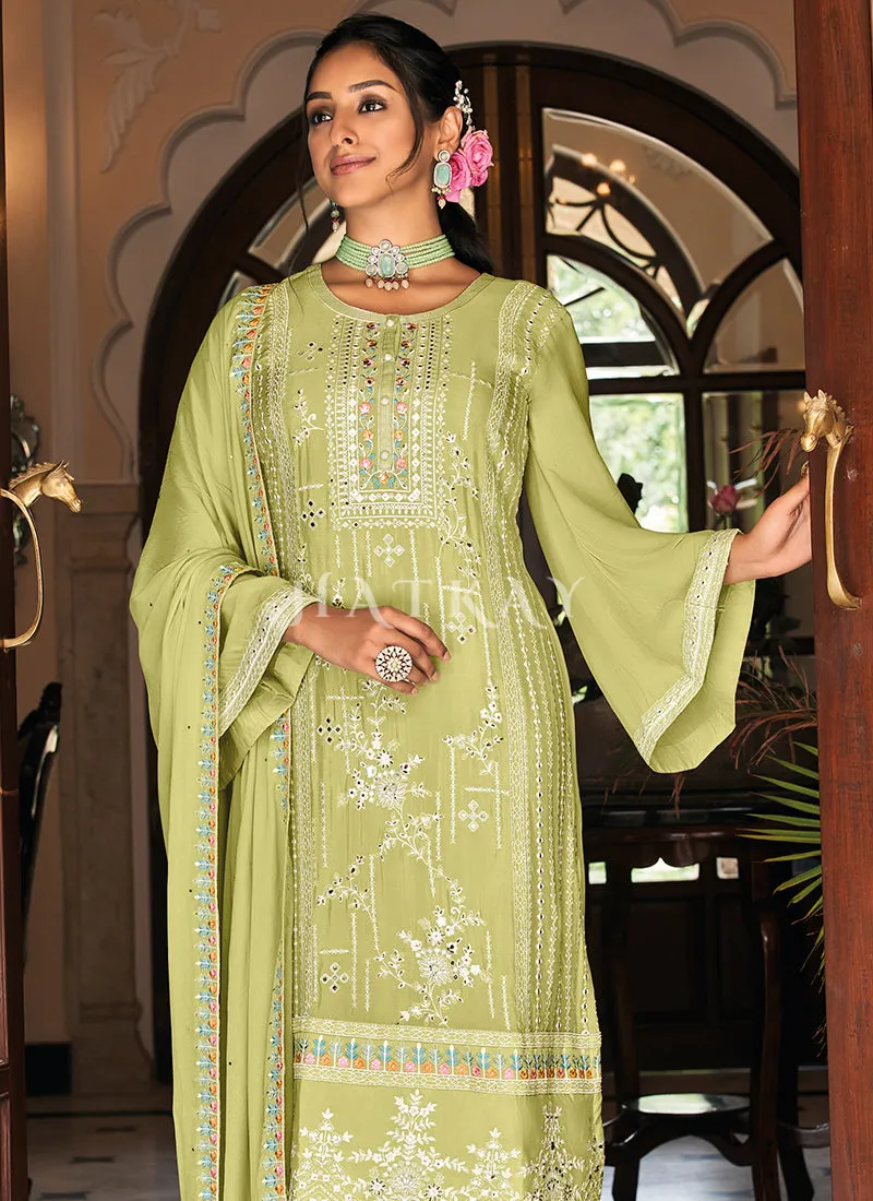 Lime Green Multi Embroidered Traditional Pant Style Salwar Suit