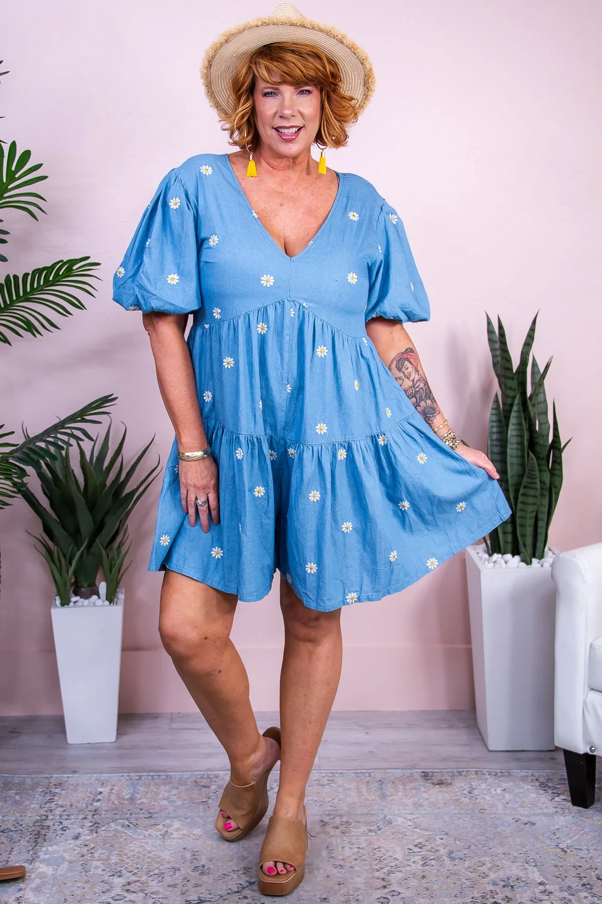 Little Coastal Town Light Denim/Ivory Floral Embroidered Romper - RMP814LDN