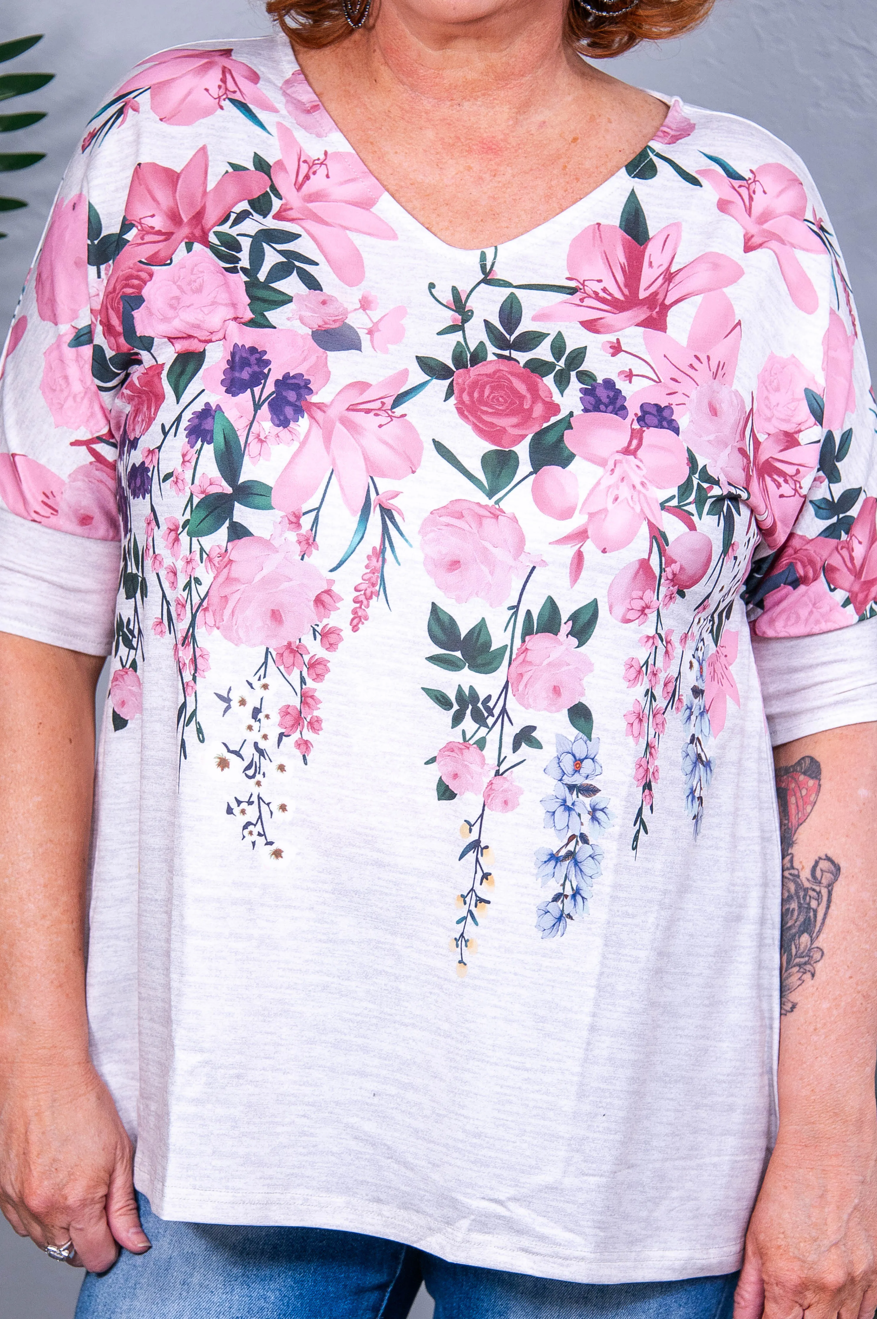 Living In a Garden Dream Heather White/Pink Floral Top - T10843HWH
