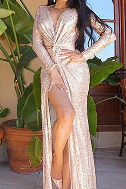 Long Sleeves Champagne Prom Dresses |Deep V-neck Sequins Chic Slit Evening Dress