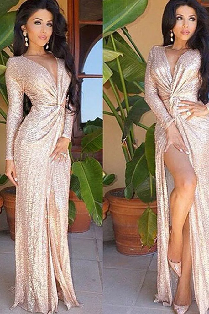Long Sleeves Champagne Prom Dresses |Deep V-neck Sequins Chic Slit Evening Dress