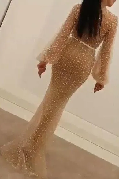 Long Sleeves Modest Mermaid Prom Dress  Long Small Round Collar