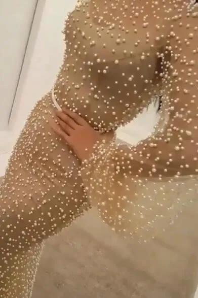 Long Sleeves Modest Mermaid Prom Dress  Long Small Round Collar