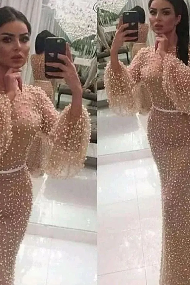 Long Sleeves Modest Mermaid Prom Dress  Long Small Round Collar