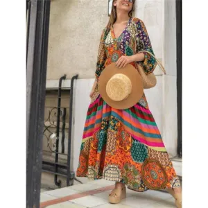 Long Sleeves Printed V-Neck Boho Maxi Dress
