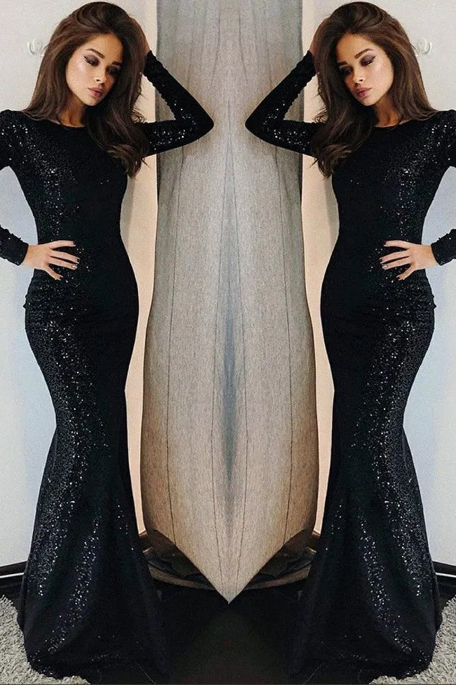 Long Sleeves Round Collar Mermaid Prom Dress Black Sequins Long Chiffon