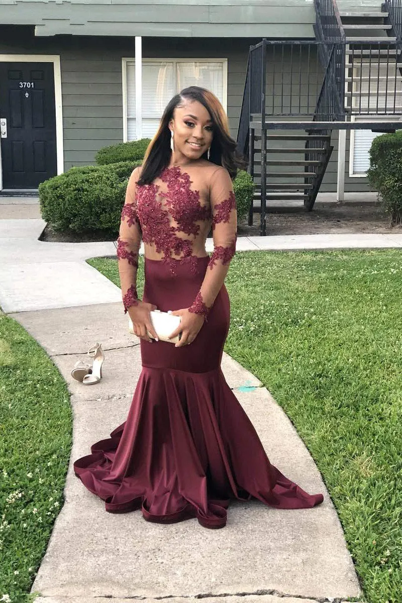 Long Sleeves Round Collar Mermaid Prom Dress Burgundy Applique Long Chiffon