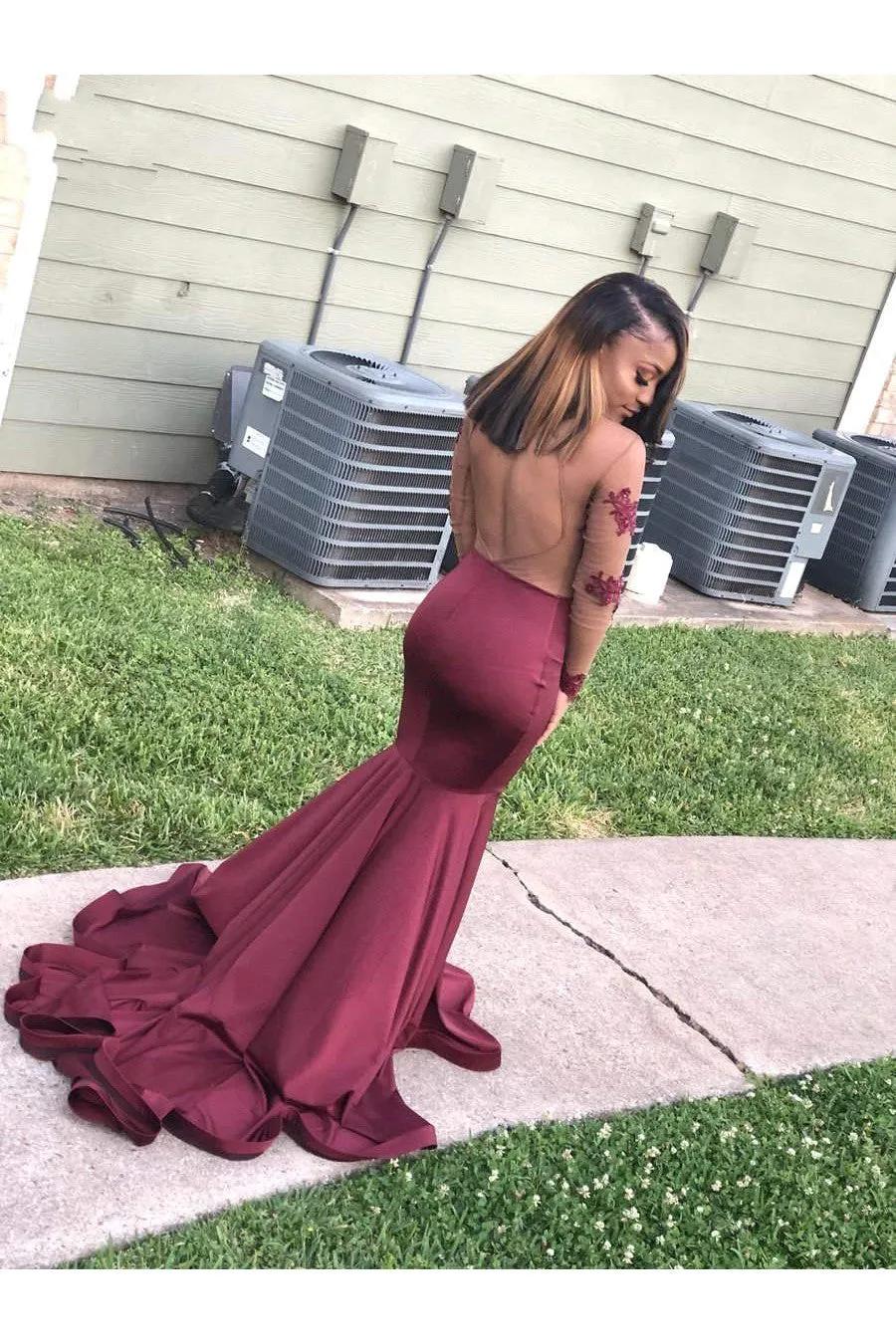 Long Sleeves Round Collar Mermaid Prom Dress Burgundy Applique Long Chiffon
