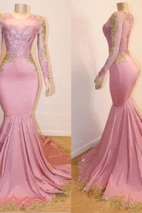 Long Sleeves Round Collar Mermaid Prom Dress Sequins Pink Long Chiffon