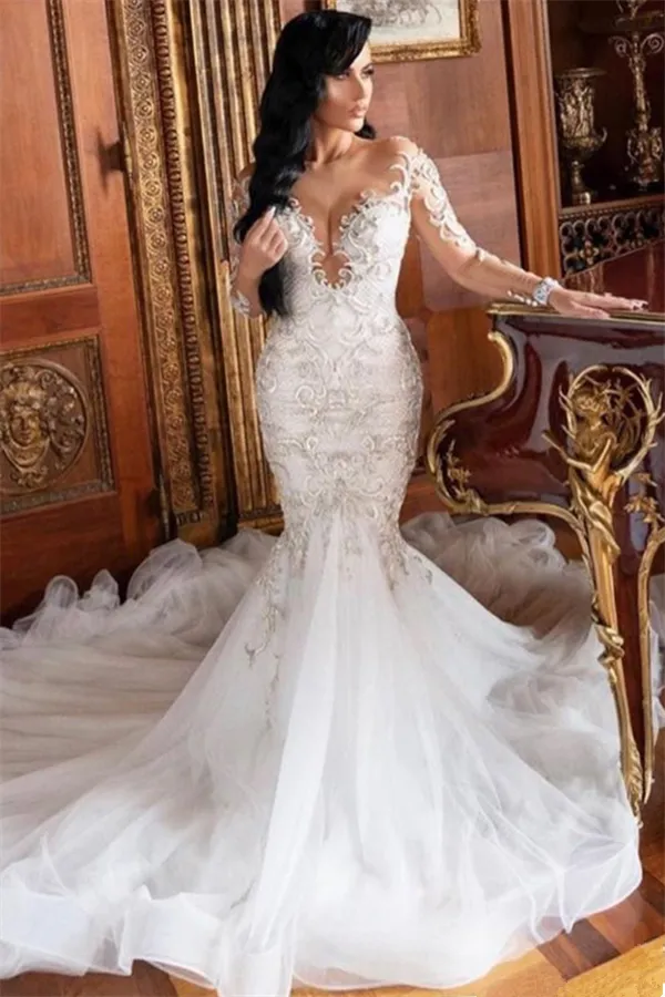 Long Sleeves V neck Mermaid Court train Summer Wedding Dress