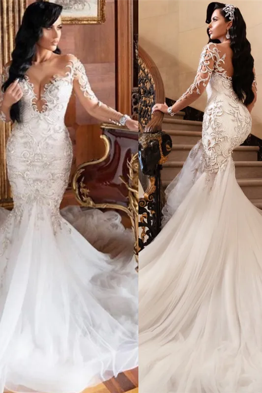 Long Sleeves V neck Mermaid Court train Summer Wedding Dress