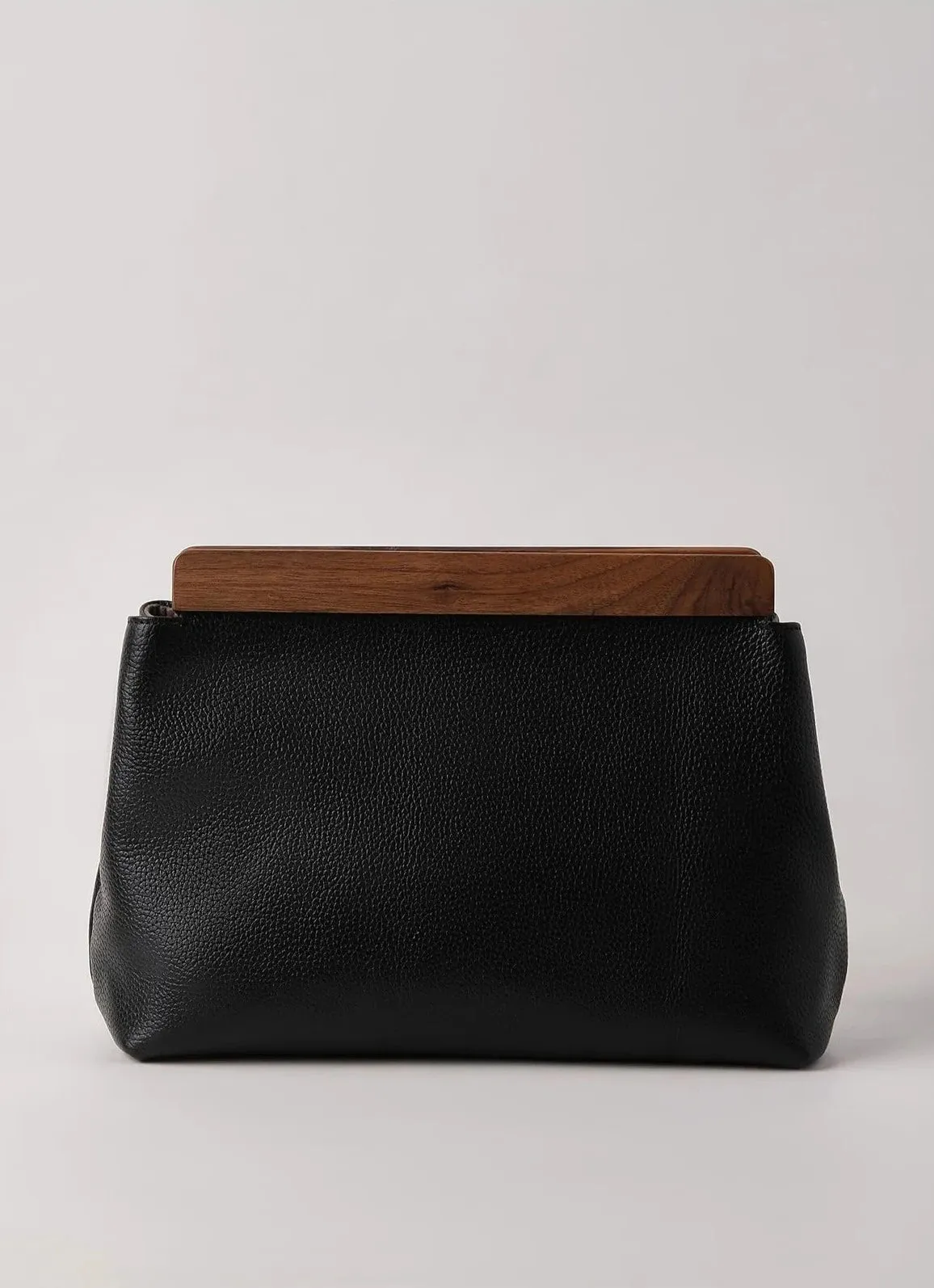 Luxurious Black Genuine Leather Clutch Handbag Walnut Wood Accents