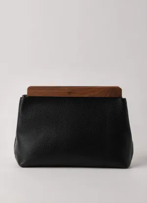 Luxurious Black Genuine Leather Clutch Handbag Walnut Wood Accents