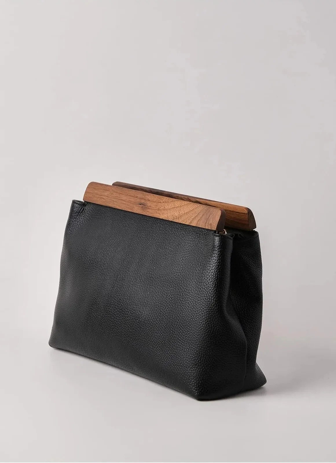 Luxurious Black Genuine Leather Clutch Handbag Walnut Wood Accents