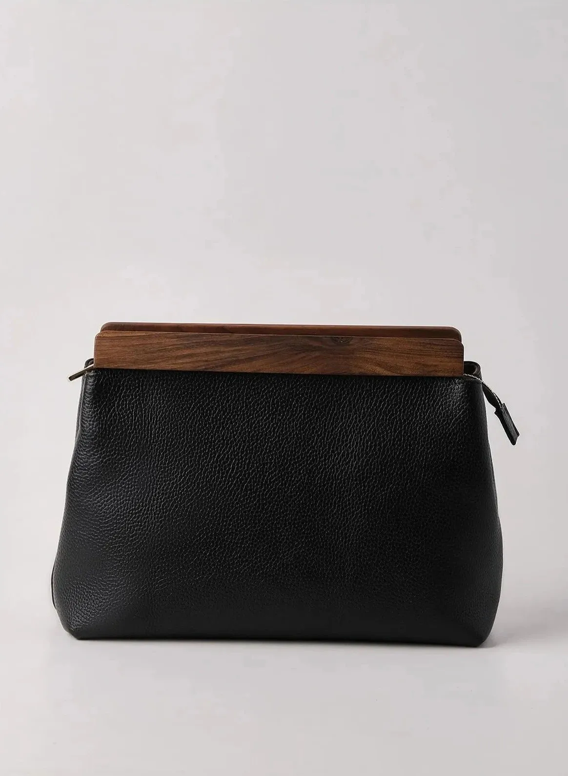 Luxurious Black Genuine Leather Clutch Handbag Walnut Wood Accents