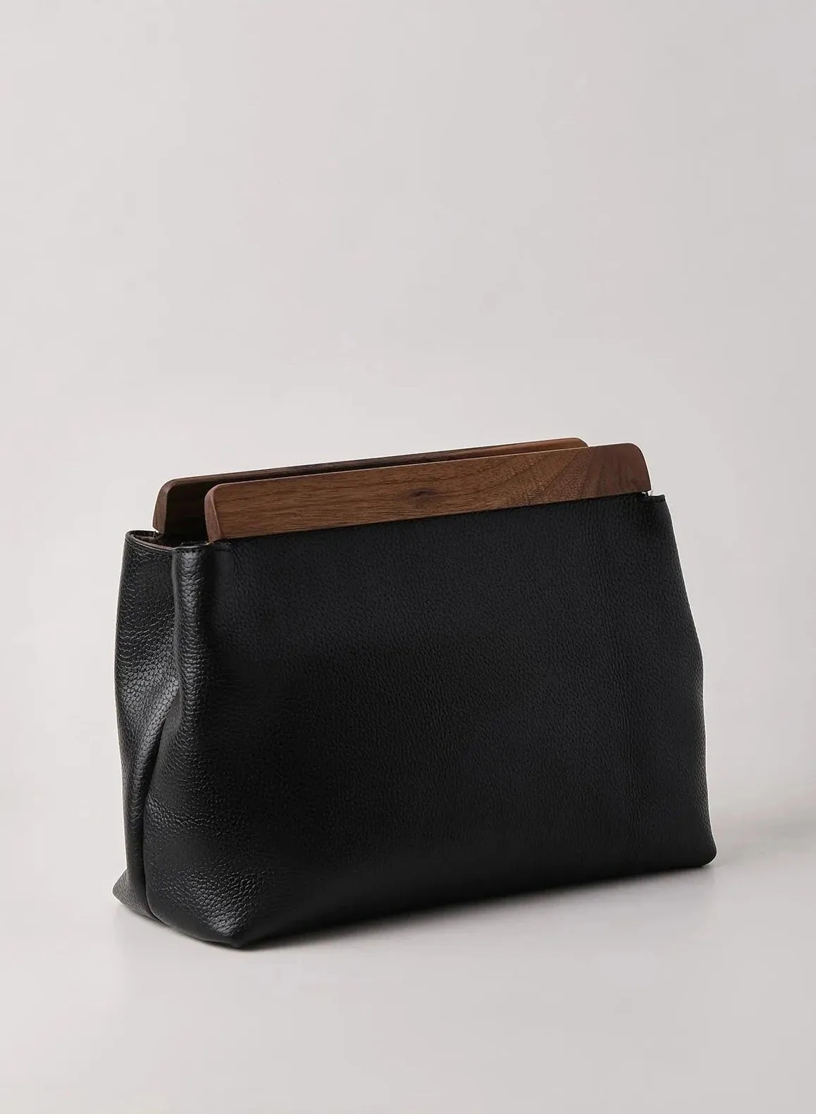 Luxurious Black Genuine Leather Clutch Handbag Walnut Wood Accents