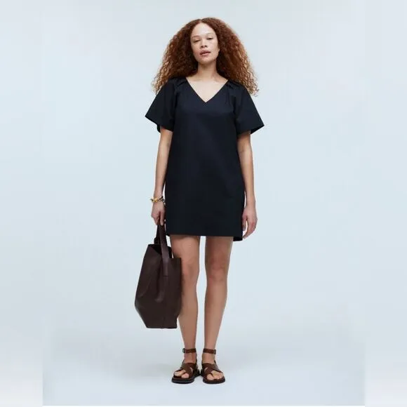 Madewell Kuma V-Neck Mini Shirtdress dress black puff sleeves women’s Sz XL NWT
